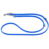 Verstellbare Biothane-Verlängerungsleine in Mittelblau, zwei Karabiner und drei Ringe aus Edelstahl