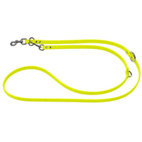 Verstellbare Biothane-Verlängerungsleine in Neon-Gelb, zwei Karabiner und drei Ringe aus Edelstahl