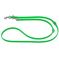 Verstellbare Biothane-Verlängerungsleine in Neon-Grün, zwei Karabiner und drei Ringe aus Edelstahl
