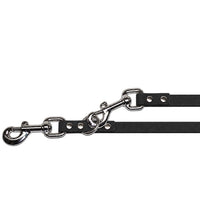 Detail: zwei Karabiner mit Wirbel und Nieten, einer im Ring eingehakt, an der Verlängerungsleine in Schwarz