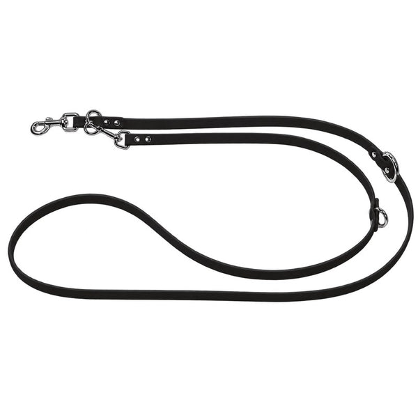 Verstellbare Biothane-Verlängerungsleine in Schwarz, zwei Karabiner und drei Ringe aus Edelstahl