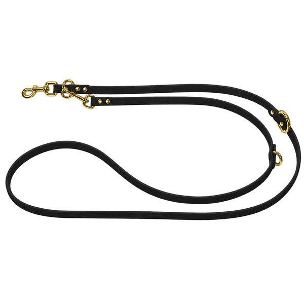 Verstellbare Verlängerungsleine aus Biothane in Schwarz, zwei Karabiner und O-Ringe in Messing