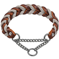 Geflochtenes Fettleder-Halsband in Dunkelbraun und Grau mit Zugstopp-Kette