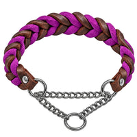 Geflochtenes Fettleder-Halsband in Dunkelbraun und Lila mit Zugstopp-Kette