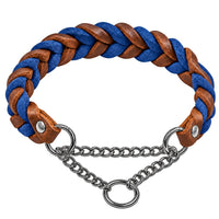 Geflochtenes Fettleder-Halsband in Braun und Blau mit Zugstopp-Kette