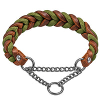 Geflochtenes Fettleder-Halsband in Braun und Oliv mit Zugstopp-Kette