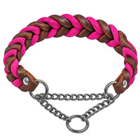 Geflochtenes Fettleder-Halsband in Dunkelbraun und Pink mit Zugstopp-Kette