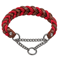 Geflochtenes Fettleder-Halsband in Dunkelbraun und Rot mit Zugstopp-Kette