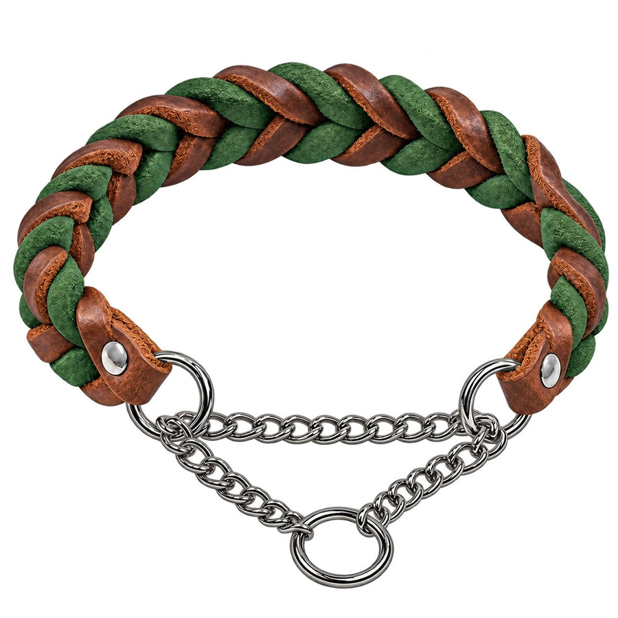 Geflochtenes Fettleder-Halsband in Braun und Tannengrün mit Zugstopp-Kette