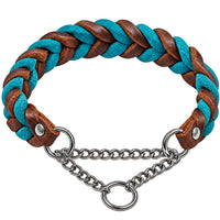 Geflochtenes Fettleder-Halsband in Dunkelbraun und Türkis mit Zugstopp-Kette