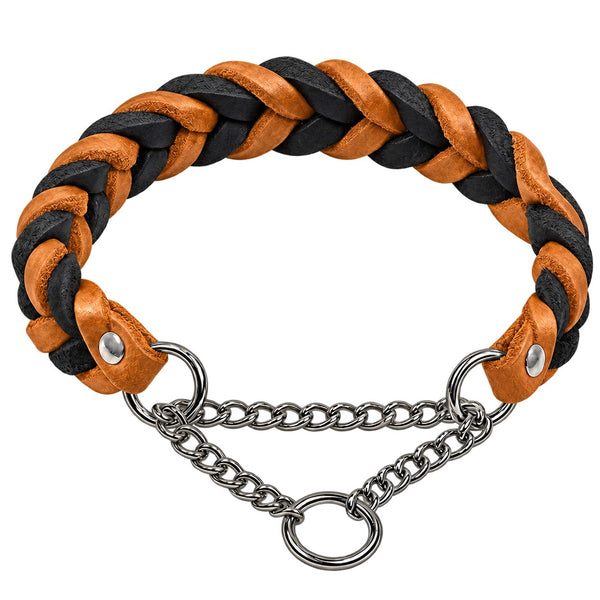 Halsband Braidy mit Kette, Fettleder hellbraun-schwarz geflochten, Zugstopp-Kette mit Mittelring