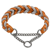 Geflochtenes Fettleder-Halsband in Hellbraun und Grau mit Zugstopp-Kette