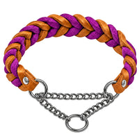 Geflochtenes Fettleder-Halsband in Hellbraun und Lila mit Zugstopp-Kette