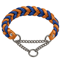 Geflochtenes Fettleder-Halsband in Hellbraun und Blau mit Zugstopp-Kette