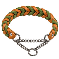 Geflochtenes Fettleder-Halsband in Hellbraun und Oliv mit Zugstopp-Kette