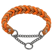 Geflochtenes Fettleder-Halsband in Hellbraun und Orange mit Zugstopp-Kette