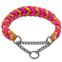 Geflochtenes Fettleder-Halsband in Hellbraun und Pink mit Zugstopp-Kette