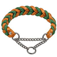 Geflochtenes Fettleder-Halsband in Hellbraun und Tannengrün mit Zugstopp-Kette