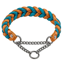 Geflochtenes Fettleder-Halsband in Hellbraun und Türkis mit Zugstopp-Kette