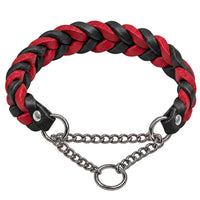 Halsband Braidy mit Kette, Fettleder schwarz-rot geflochten, Zugstopp-Kette mit Mittelring