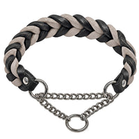 Geflochtenes Fettleder-Halsband in Schwarz und Hellgrau mit Zugstopp-Kette