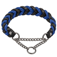 Geflochtenes Fettleder-Halsband in Schwarz und Blau mit Zugstopp-Kette