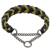 Geflochtenes Fettleder-Halsband in Schwarz und Oliv mit Zugstopp-Kette