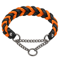 Geflochtenes Fettleder-Halsband in Schwarz und Orange mit Zugstopp-Kette