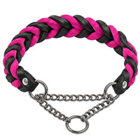 Geflochtenes Fettleder-Halsband in Schwarz und Pink mit Zugstopp-Kette
