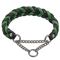 Geflochtenes Fettleder-Halsband in Schwarz und Tannengrün mit Zugstopp-Kette