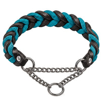 Geflochtenes Fettleder-Halsband in Schwarz und Türkis mit Zugstopp-Kette