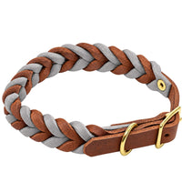 Geflochtenes Fettleder-Halsband in Braun und Grau, Schnalle und D-Ring in Messing