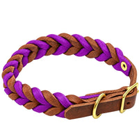 Geflochtenes Fettleder-Halsband in Braun und Lila, Schnalle und D-Ring in Messing