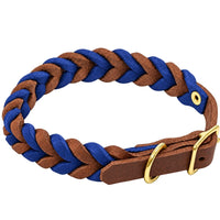 Geflochtenes Fettleder-Halsband in Braun und Blau, Schnalle und D-Ring in Messing