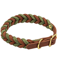 Geflochtenes Fettleder-Halsband in Braun und Oliv, Schnalle und D-Ring in Messing