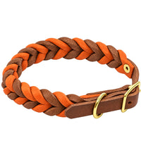 Geflochtenes Fettleder-Halsband in Braun und Orange, Schnalle und D-Ring in Messing
