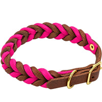Geflochtenes Fettleder-Halsband in Braun und Pink, Schnalle und D-Ring in Messing