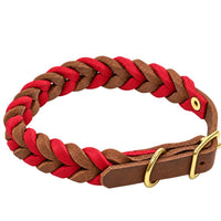 Geflochtenes Fettleder-Halsband in Braun und Rot, Schnalle und D-Ring in Messing