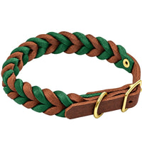 Geflochtenes Fettleder-Halsband in Braun und Tannengrün, Schnalle und D-Ring in Messing