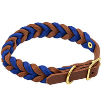 Fettleder-Halsband Braidy, braun-blau geflochten, mit Messing-Schnalle und Messing-D-Ring
