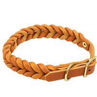 Geflochtenes Fettleder-Halsband in Hellbraun und Cognac, Schnalle und D-Ring in Messing