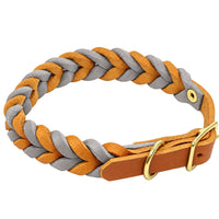 Geflochtenes Fettleder-Halsband in Hellbraun und Grau, Schnalle und D-Ring in Messing