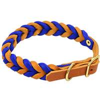 Geflochtenes Fettleder-Halsband in Hellbraun und Blau, Schnalle und D-Ring in Messing