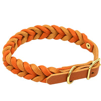 Geflochtenes Fettleder-Halsband in Hellbraun und Orange, Schnalle und D-Ring in Messing