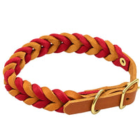 Geflochtenes Fettleder-Halsband in Hellbraun und Rot, Schnalle und D-Ring in Messing