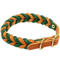Geflochtenes Fettleder-Halsband in Hellbraun und Tannengrün, Schnalle und D-Ring in Messing