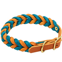 Geflochtenes Fettleder-Halsband in Hellbraun und Türkis, Schnalle und D-Ring in Messing