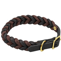 Fettleder-Halsband Braidy, schwarz-dunkelbraun geflochten, mit Messing-Schnalle und Messing-D-Ring
