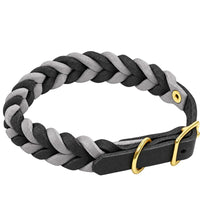 Geflochtenes Fettleder-Halsband in Schwarz und Grau, Schnalle und D-Ring in Messing
