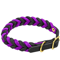 Geflochtenes Fettleder-Halsband in Schwarz und Lila, Schnalle und D-Ring in Messing